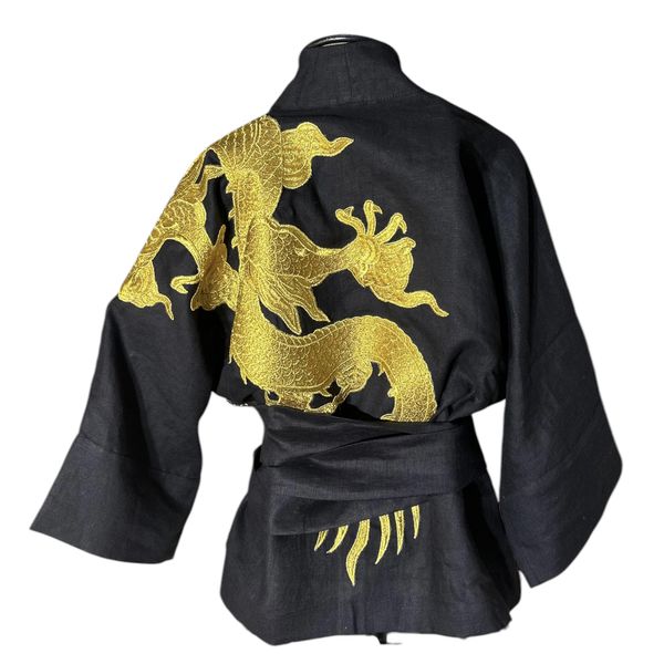 Kimono Yang Tweed e Linho Caminhos2 Abraço do Dragão Ouro