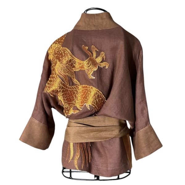 Kimono Yang Linho Coleção Terras Patchwork2 Abraço do Dragão Cobre