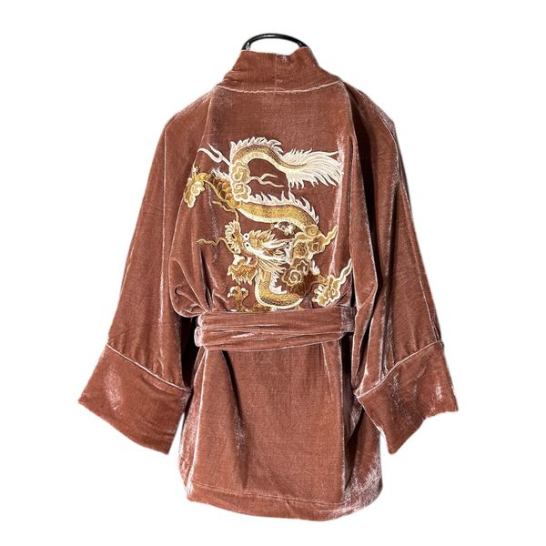Kimono Jin Veludo Cristal Rosa Queimado Dragão Folk1 
