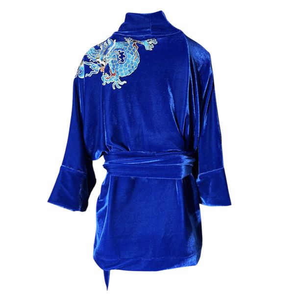 Kimono Jin Veludo Cristal Azul Vibrante Dragão Folk2 Azul