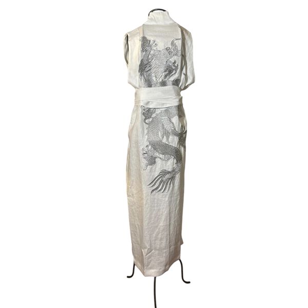 Kimono Yin Linho Branco Dragão Imperial Prata