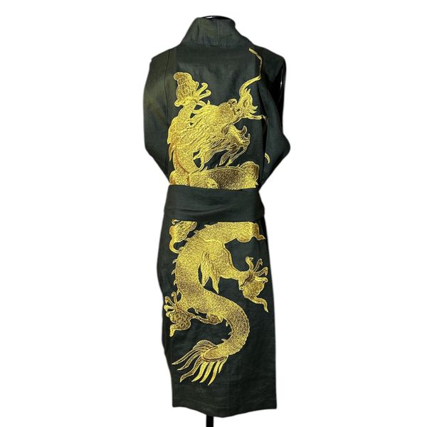 Colete Yin Linho Verde Militar Dragão Imperial Ouro