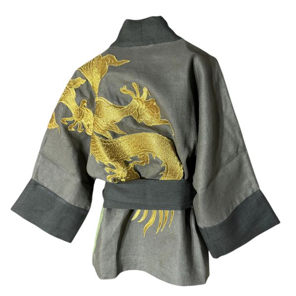 Kimono Yang Linho Coleção Selva Patchwork Abraço do Dragão Ouro