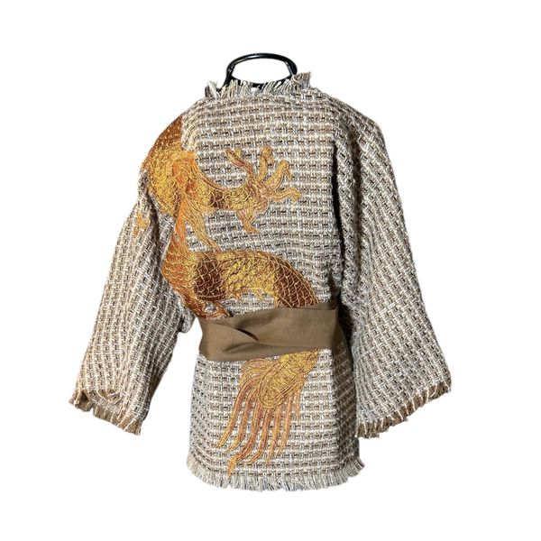 Kimono Yang Tweed Mochaccino Canela Coleção Terras Abraço do Dragão Cobre