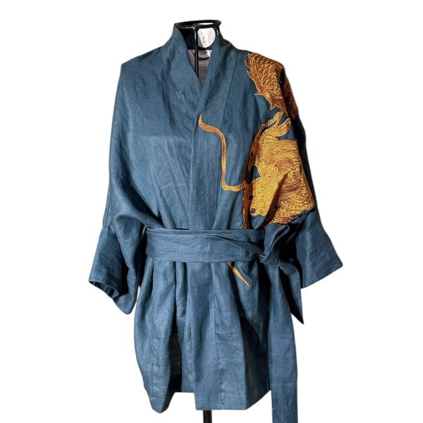 Kimono Oversize Yang Linho Petróleo Abraço do Dragão Cobre