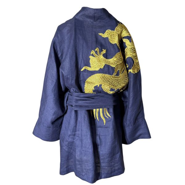 Kimono Oversize Yang Linho Marinho Abraço do Dragão Ouro