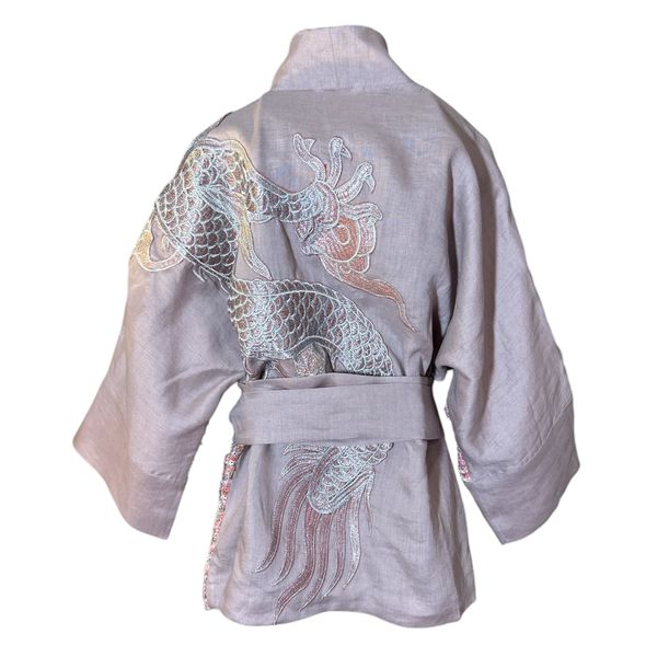 Kimono Yang Tweed e Linho Patchwork Penélope Abraço do Dragão Prata-Rosê
