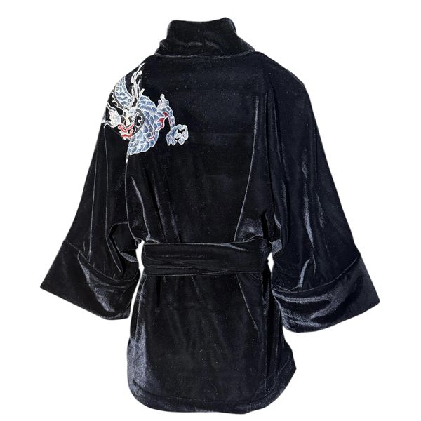 Kimono Jin Veludo Preto Dragão Folk2 Cinza