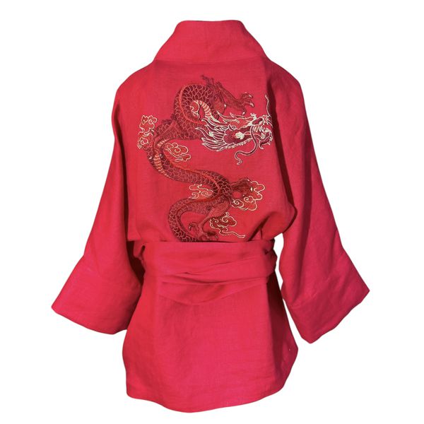 Kimono Yang Linho Vermelho Dragão Gênesis