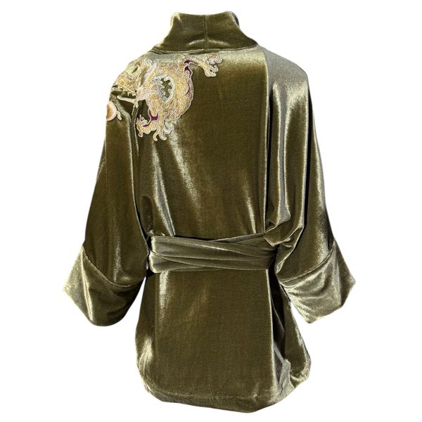 Kimono Jin Veludo Verde Militar Dragão Folk2 Amarelo