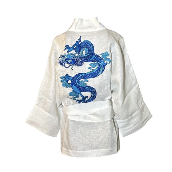 Kimono Yang Linho Branco Dragão Gênesis Azul