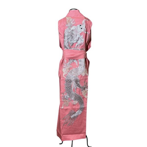 Kimono Yin Linho Rosa Vibrante Dragão Prata-Rosê