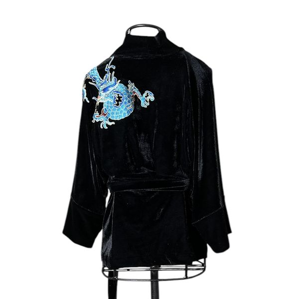 Kimono Jin Veludo Preto Dragão Folk2 Azul