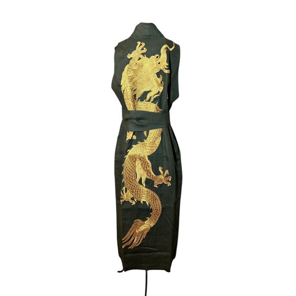 Kimono Yin Linho Verde-Militar Dragão Ouro