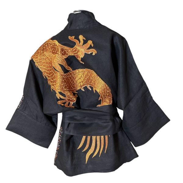 Kimono Yang Tweed e Linho Caminhos1 Abraço do Dragão Cobre
