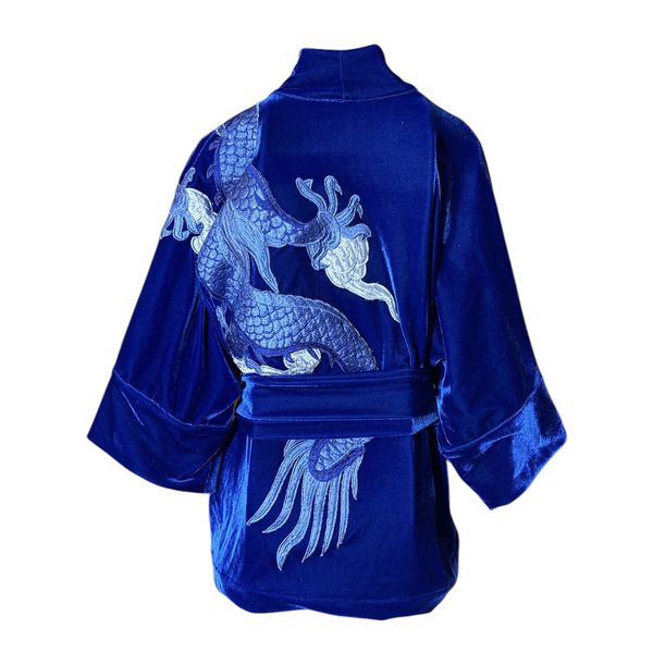 Kimono Jin Veludo Cristal Azul-Royal Abraço do Dragão Azul
