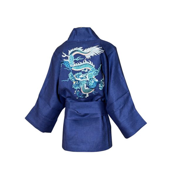 Kimono Yang Linho Denim2 Dragão Folk1 Aqua