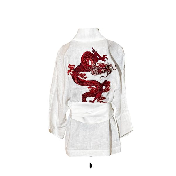 Kimono Yang Linho Off-White Dragão Gênesis Vermelho