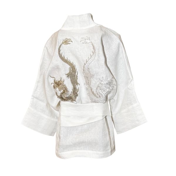 Kimono Yang Linho Off-White Dragões-do-Mar Branco e Ouro-Velho