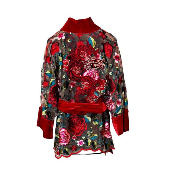 Kimono Yang O Dragão nos Jardins Suspensos Tule Rendado Roseira