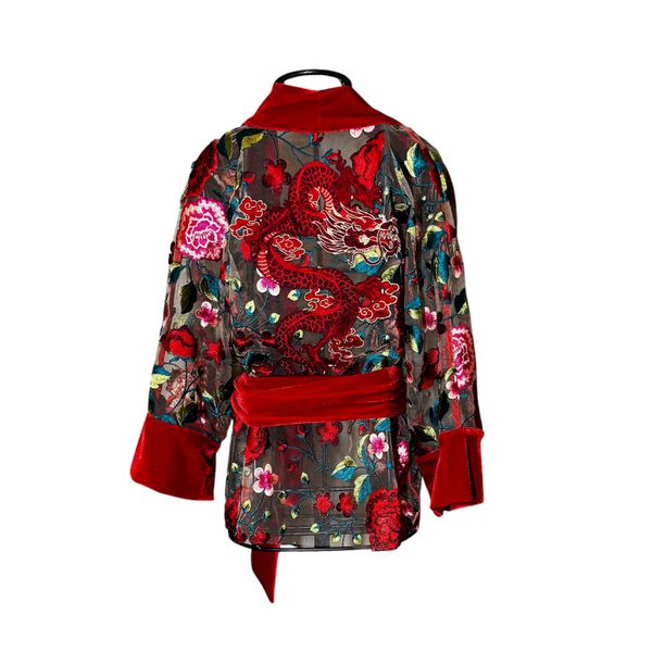 Kimono Yang O Dragão nos Jardins Suspensos Tule Rendado RoseiraII
