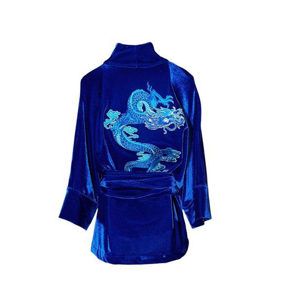 Kimono Jin Veludo Azul Royal Vibrante Dragão Genesis Azul