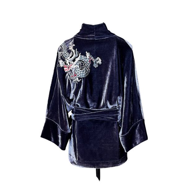 Kimono Jin Veludo Cinza-Frio Dragão Folk2 Cinza