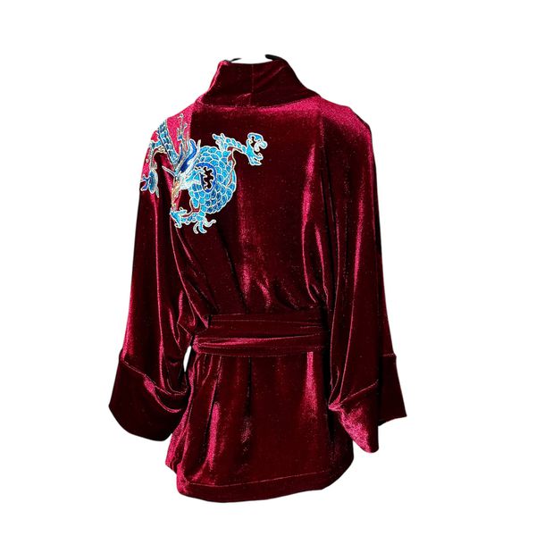 Kimono Jin Veludo Marsala Dragão Folk2 Azul