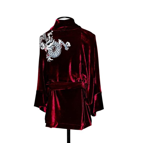 Kimono Jin Veludo Marsala Dragão Folk2 Cinza