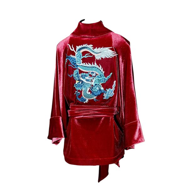 Kimono Jin Veludo MarsalaII Dragão Folk1 Aqua-Rosê-Branco