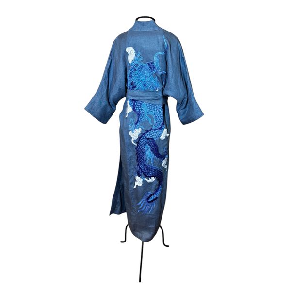 Kimono Yin-Yang Linho Denim Dragão Gigante Azul