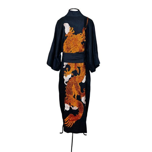 Kimono Yin-Yang Linho Petróleo Dragão Gigante Cobre