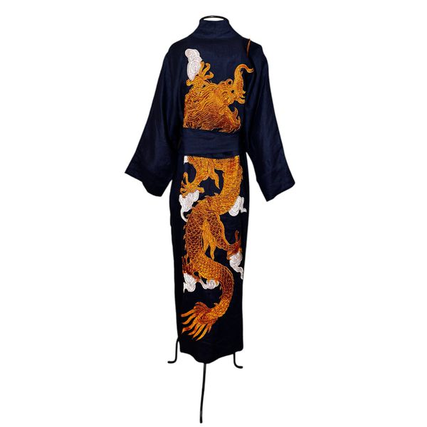 Kimono Yin-Yang Linho Azul-Marinho Dragão Gigante Cobre