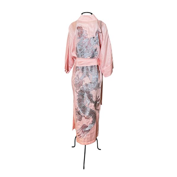 Kimono Yin-Yang Linho Rosa Claro Dragão Gigante Prata-Rosê