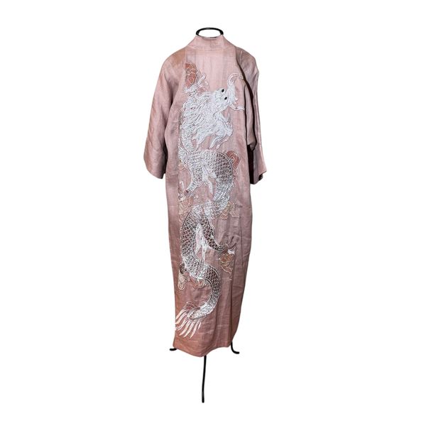 Kimono Yin-Yang Linho Rosa Vintage Dragão Gigante Prata-Rosê