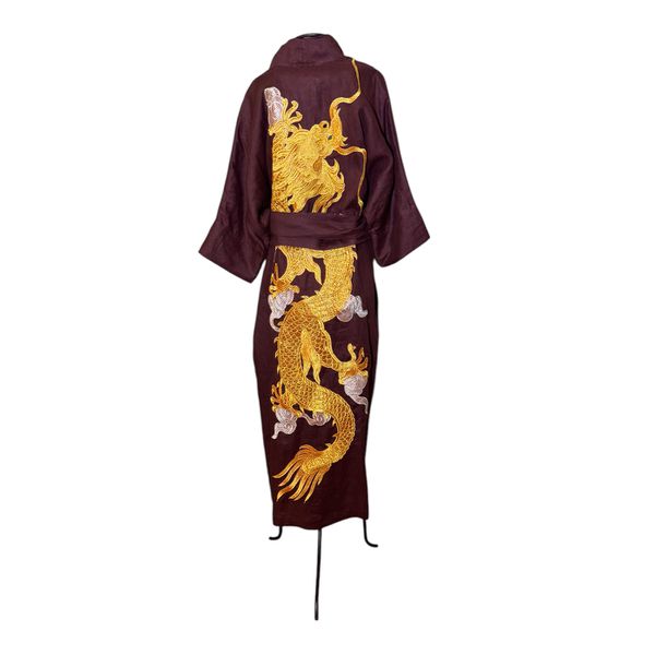 Kimono Yin-Yang Linho Bordô Dragão Gigante Ouro