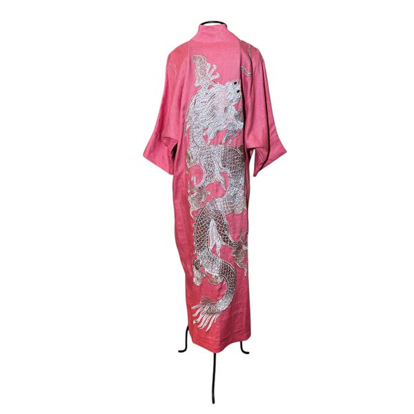 Kimono Yin-Yang Linho Rosa Vibrante Dragão Gigante Prata-Rosê