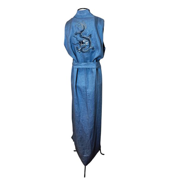 Kimono Yin Linho Denim Dragão Folk Azul-Marinho