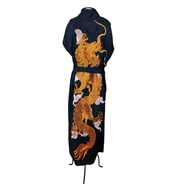 Kimono Yin Linho Azul-Petróleo Dragão Cobre