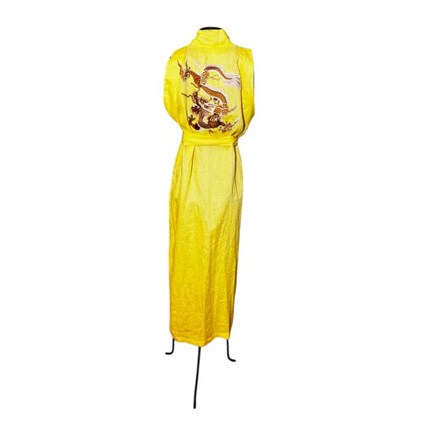 Kimono Yin Linho Amarelo-Canário Dragão Folk1 Caramelo
