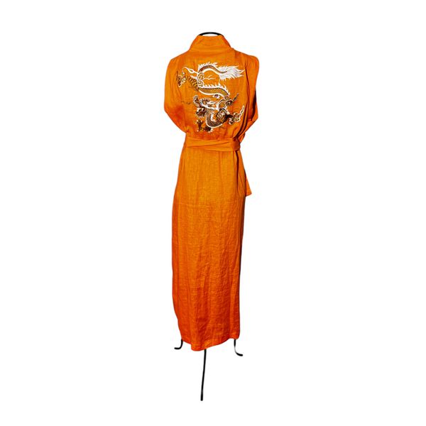Kimono Yin Linho Pitanga Dragão Folk1 Caramelo