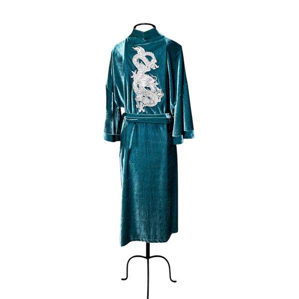Kimono Yu Veludo Aqua Dragão Ancestral