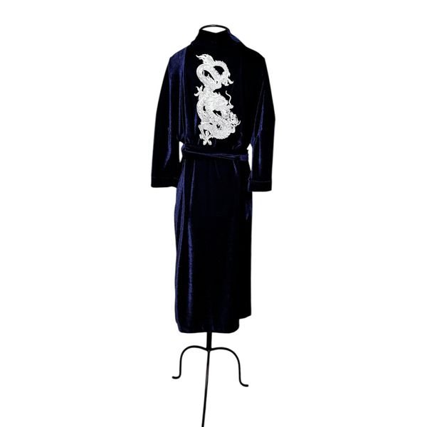 Kimono Yu Veludo Azul-Marinho Dragão Ancestral Prata