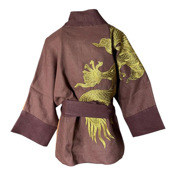 Kimono Yang Linho Coleção Terras Patchwork3 Abraço do Dragão Cobre