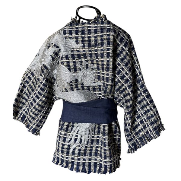 Kimono Yang Tweed Índigo Dragão Imperial Prata