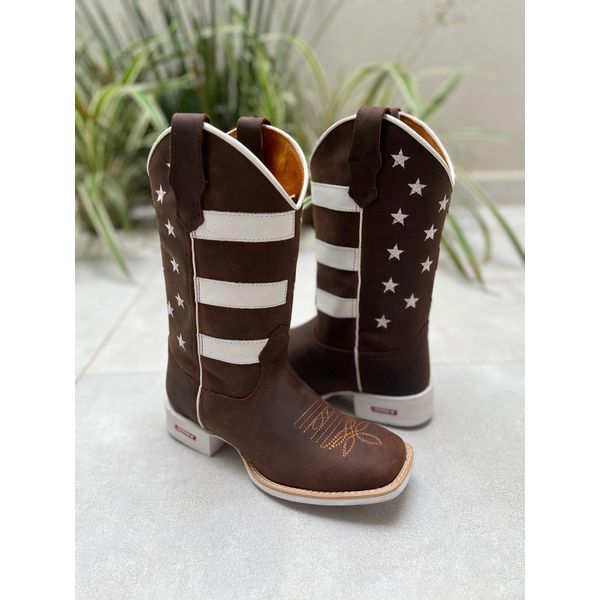 BOTA TEXANA EM COURO MARROM E BRANCO ESTADOS UNIDOS