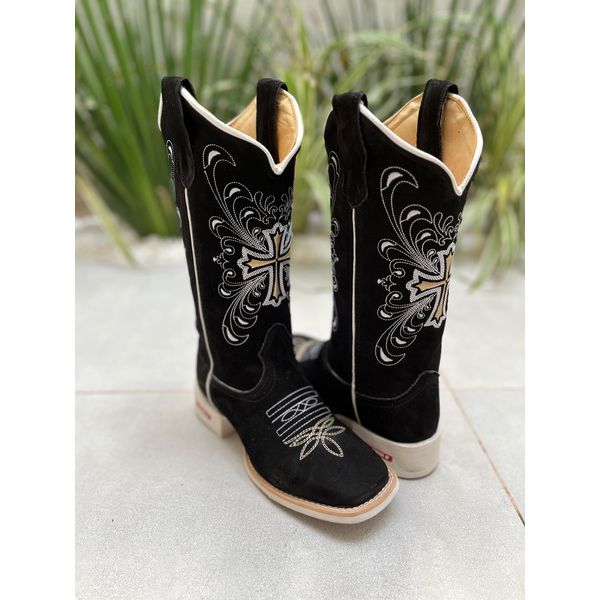 BOTA TEXANA EM COURO NOBUCK BORDADO CRUZ SOLADO BRANCO