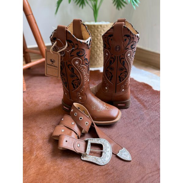 COMBO BOTA TEXANA + CINTO COURO MUSTANG BORDADO TRIBAL COM TRICE