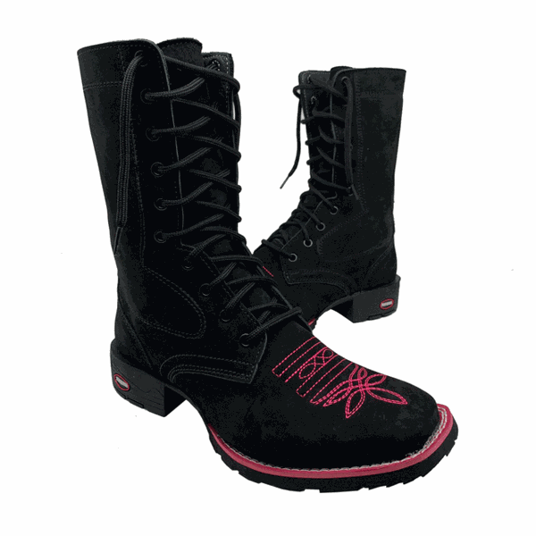 COTURNO COUNTRY EM COURO PRETO BORDADO ROSA + VIRA ROSA + FRANJA