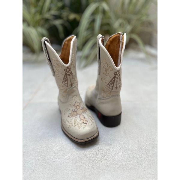 TEXANA INFANTIL EM COURO OFF WHITE BORDADO NOSSA SENHORA APARECIDA + CRUZ 